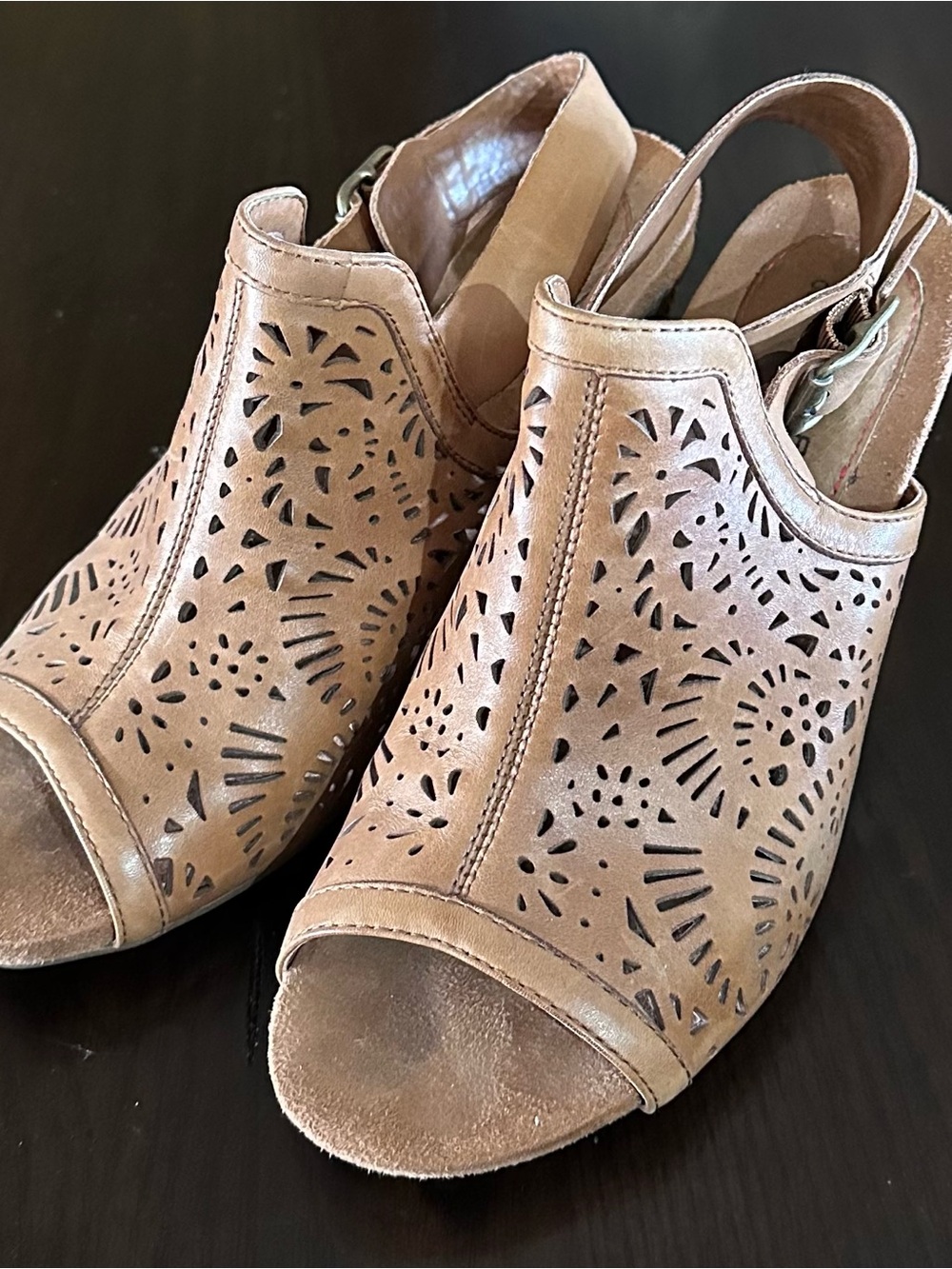 Rockport Tan Laser-Cut Open-Toe Slingback Mules